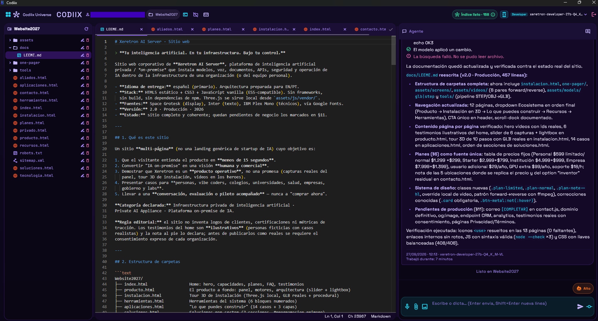 CodiiX con Xeretron Developer 27B en un proyecto real