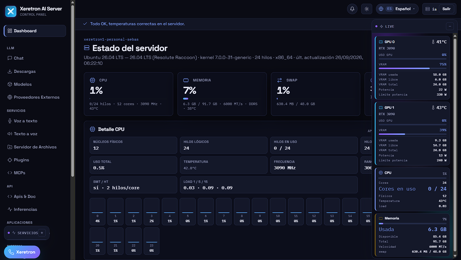 Captura real del panel Xeretron: catálogo de modelos y stack de inferencia